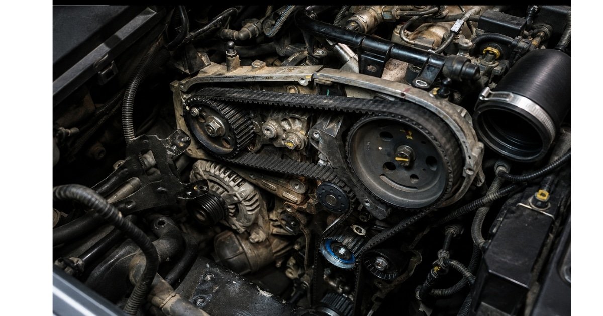 Jeep Compass 1.4 MultiAir timing kit replacement in Chennai — belt, tensioner, idler and water pump. Evolve Automotive, Guindy. Written estimate before work begins